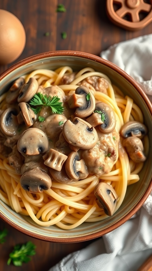 A bowl of creamy mushroom stroganoff over pasta, garnished with parsley.