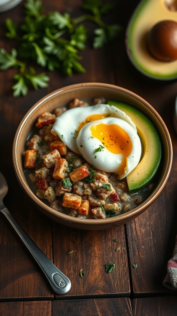 Savory oatmeal bowl with avocado, poached egg, and herbs