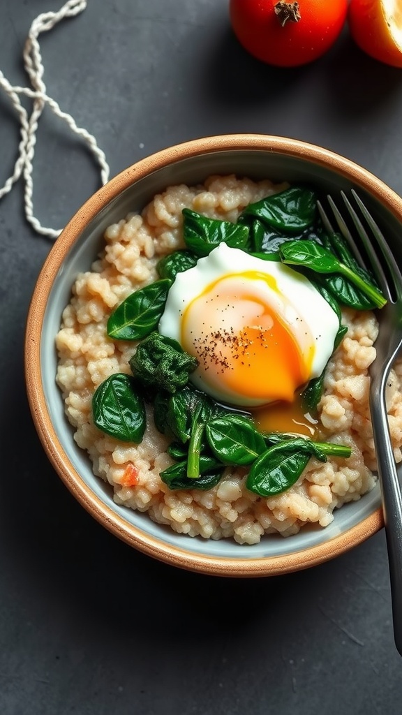 A bowl of savory oatmeal topped with spinach and a poached egg.