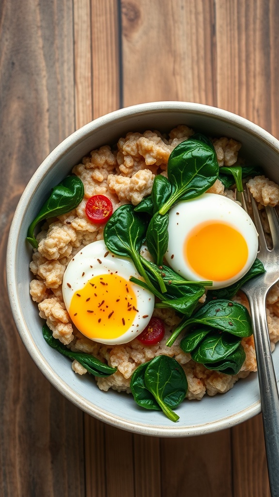 A bowl of savory oatmeal topped with soft-boiled eggs, fresh spinach, and cherry tomatoes.