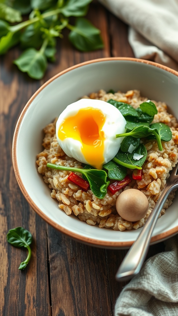 A warm bowl of savory oatmeal topped with a poached egg, spinach, and red bell pepper, served in a rustic setting.