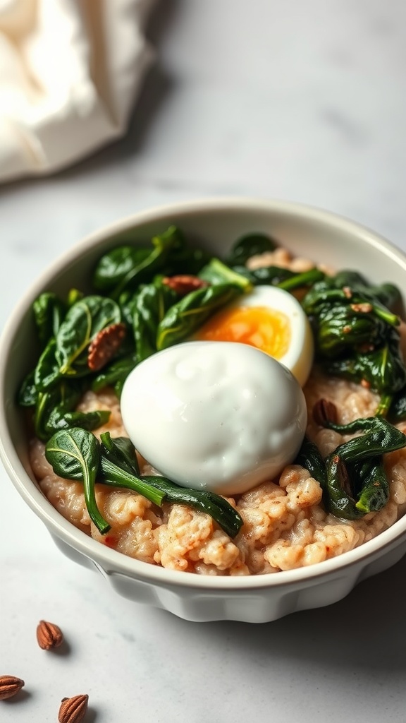 A bowl of savory oatmeal topped with spinach and a soft-boiled egg, garnished with nuts.