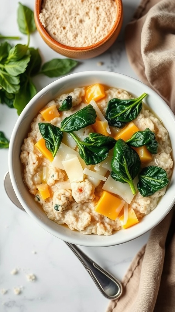 A bowl of savory oatmeal topped with spinach and cheese.