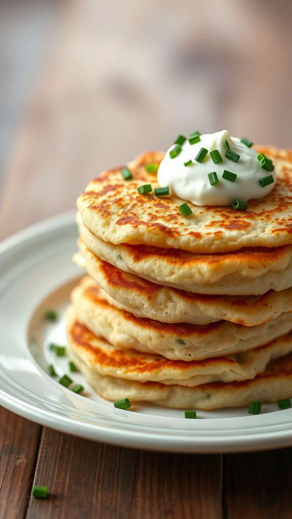 Stack of savory potato pancakes topped with sour cream and chives