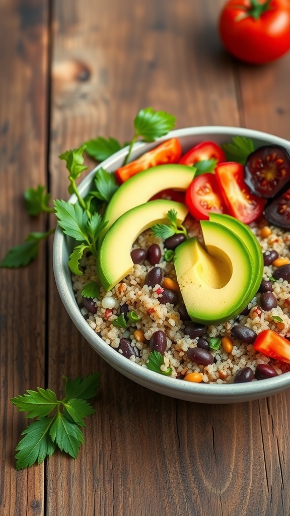 Savory Quinoa and Black Bean Bowl with fresh vegetables and avocado slices.