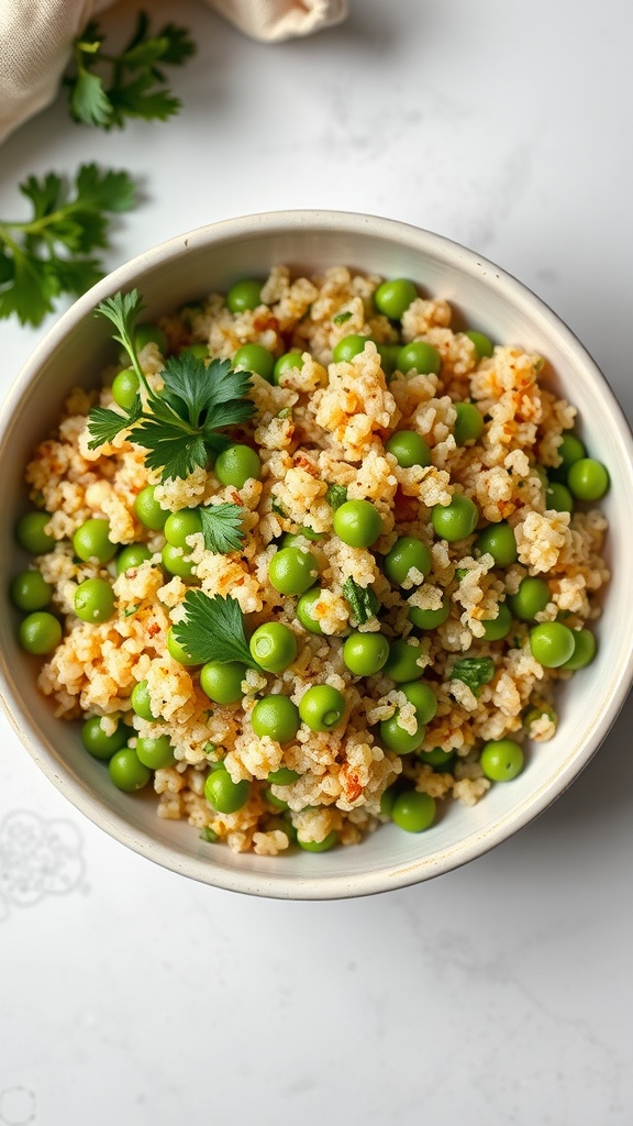 A bowl of savory quinoa mixed with peas and garnished with parsley.