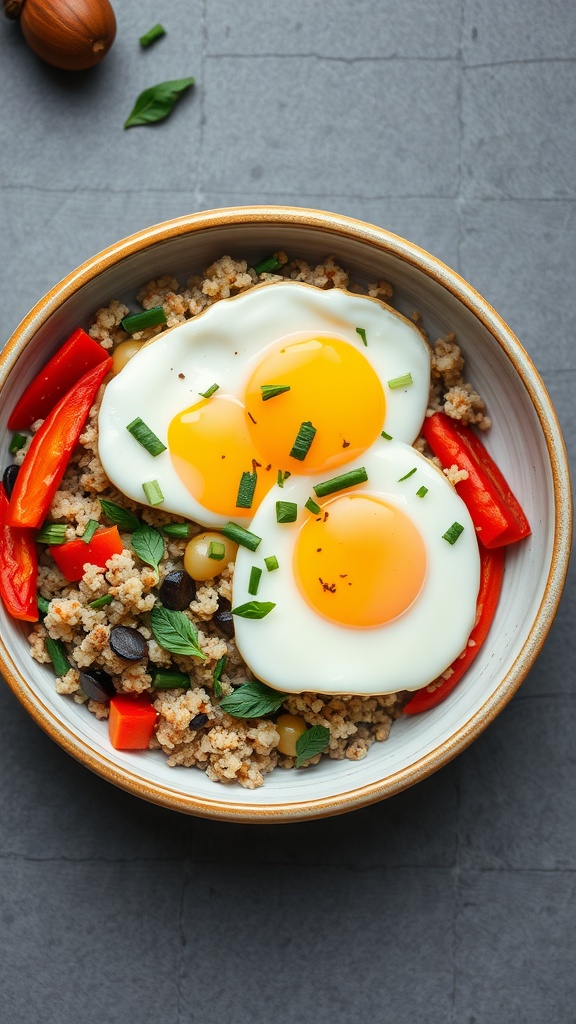 A bowl of savory quinoa topped with vegetables and eggs