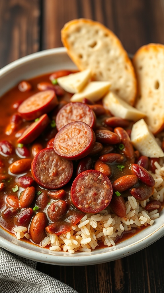 A bowl of savory red beans and rice with slices of sausage on top and bread on the side.