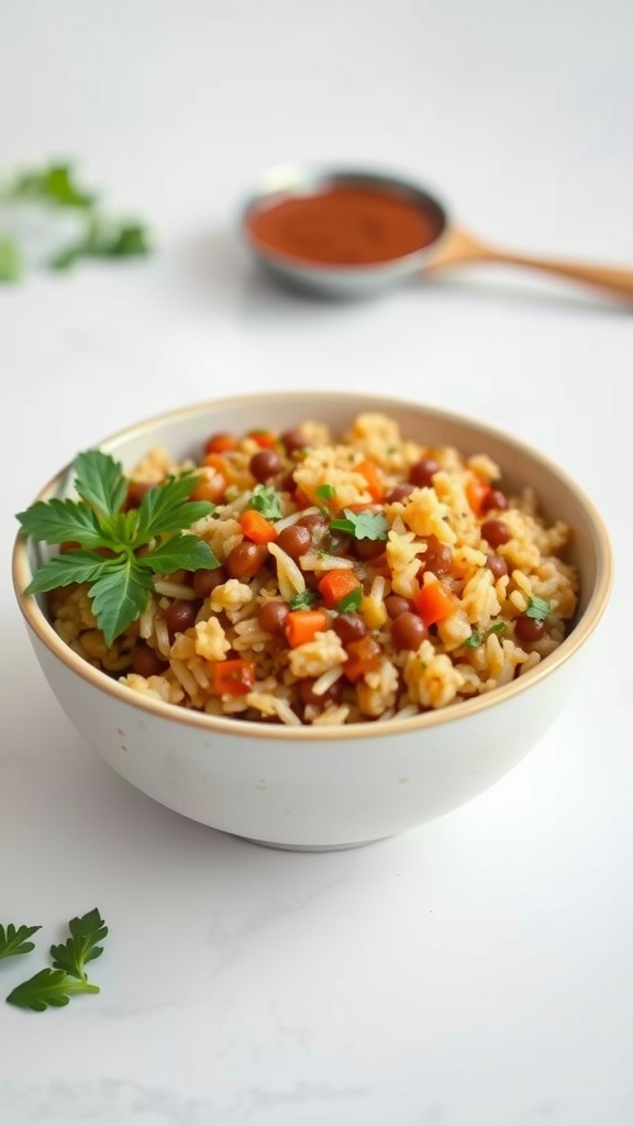 A bowl of savory rice and lentils with colorful vegetables