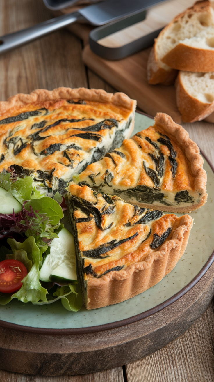 A delicious savory ricotta and spinach quiche served with a side salad.