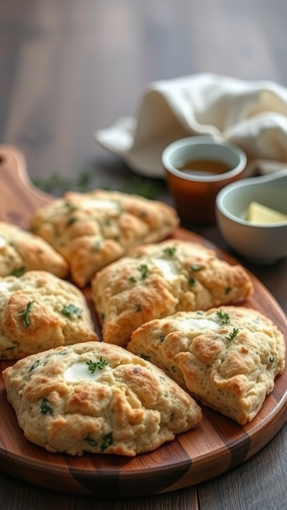Savory scones with cheese and herbs arranged on a wooden platter