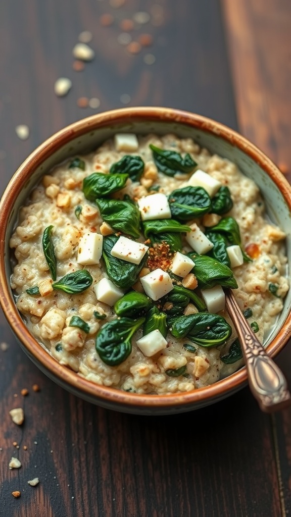 Savory spinach and feta oatmeal in a bowl with a spoon.