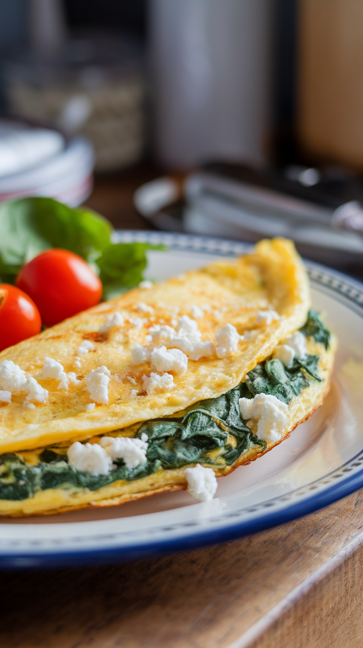 A delicious spinach and feta omelette served with cherry tomatoes on the side.