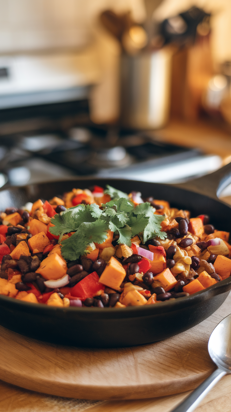 A colorful dish of sweet potato and black bean hash garnished with cilantro.