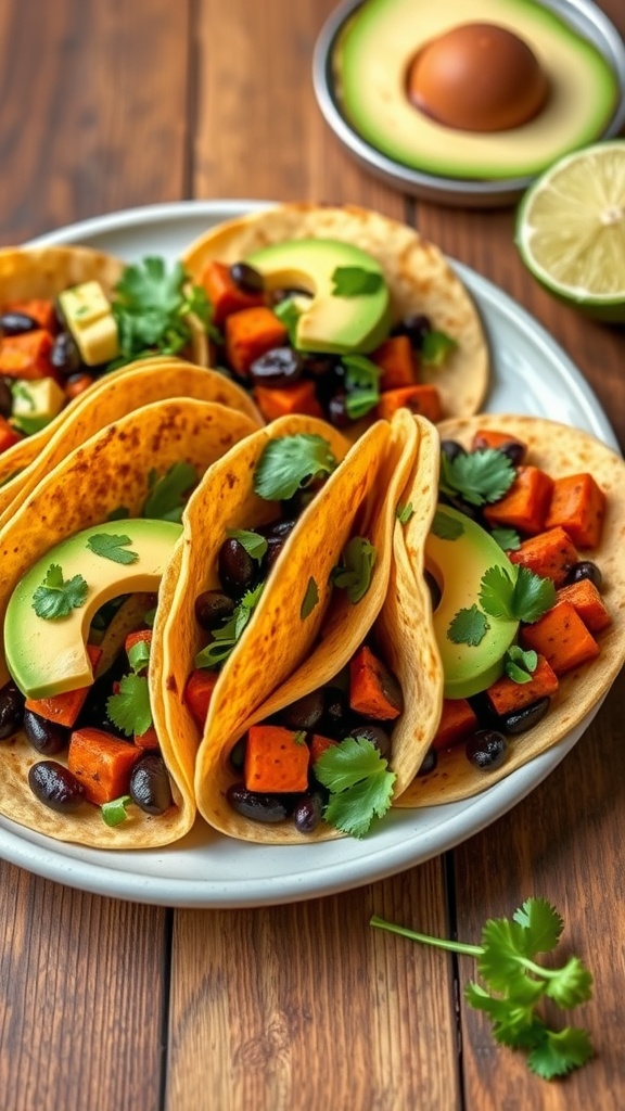 Delicious sweet potato and black bean tacos with avocado and cilantro