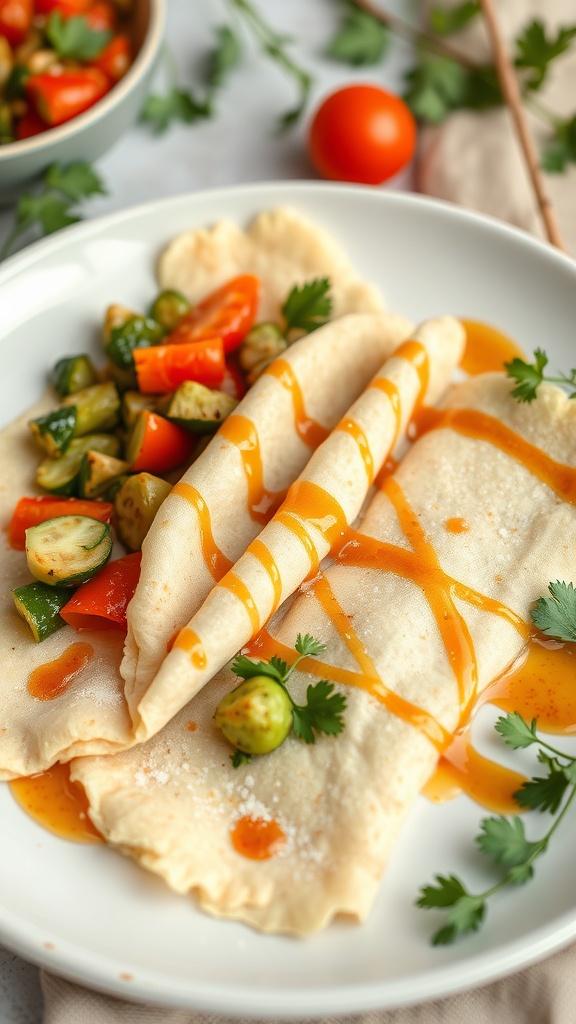 Savory vegetable crepes filled with mixed vegetables and topped with sauce.