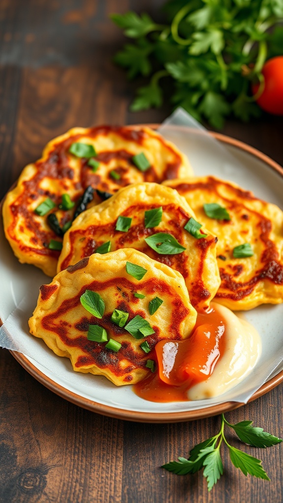 Plate of savory vegetable pancakes with dipping sauces.