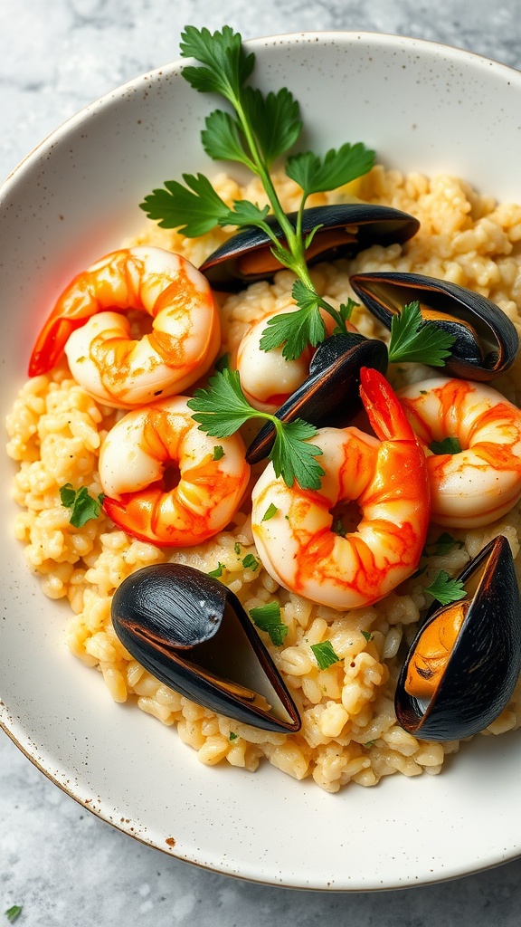 A bowl of seafood risotto topped with shrimp and mussels, garnished with fresh herbs.