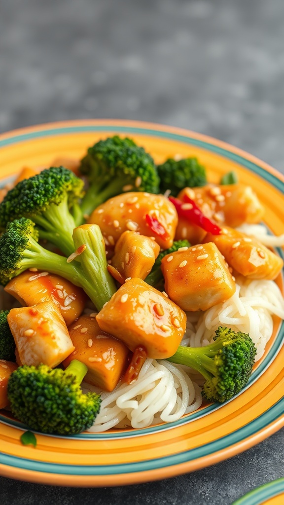 Plate of sesame chicken with broccoli served on noodles