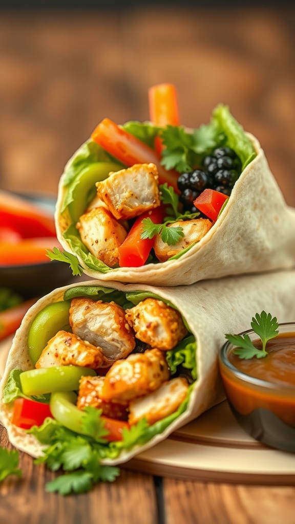 A close-up of a sesame ginger chicken wrap filled with vegetables and grilled chicken