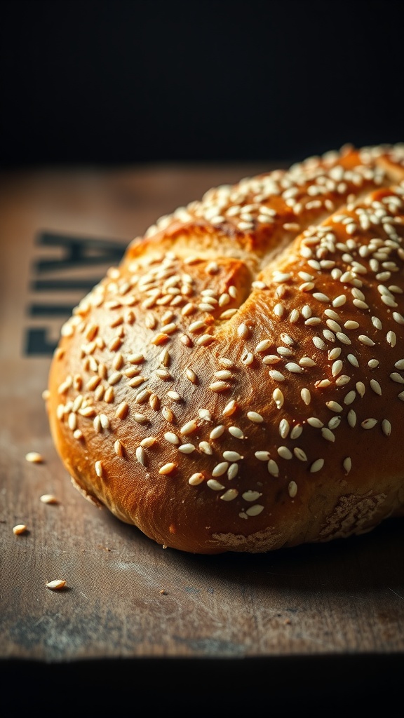 Loaf of freshly baked sesame seed bread with golden crust and sesame seeds on top.