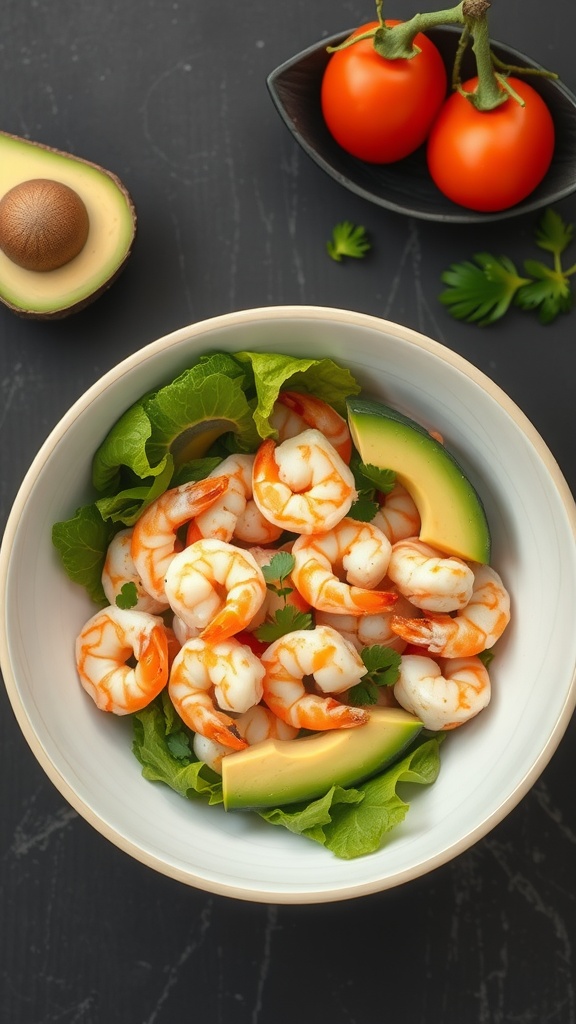 A fresh shrimp and avocado salad with mixed greens and cherry tomatoes.