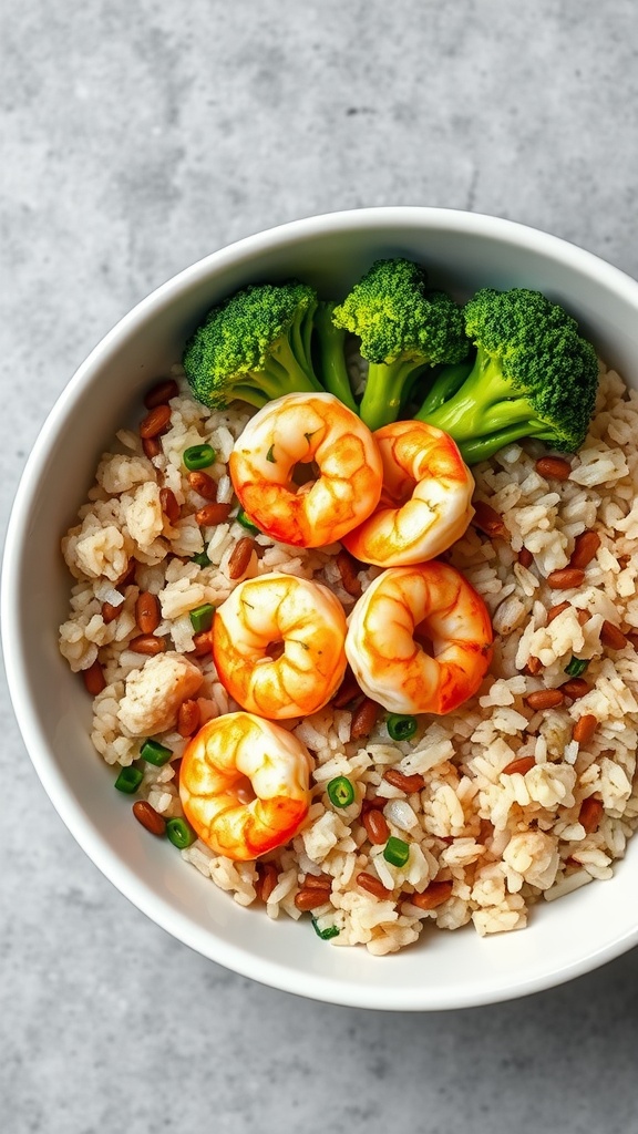 Shrimp and brown rice bowl with broccoli and green onions