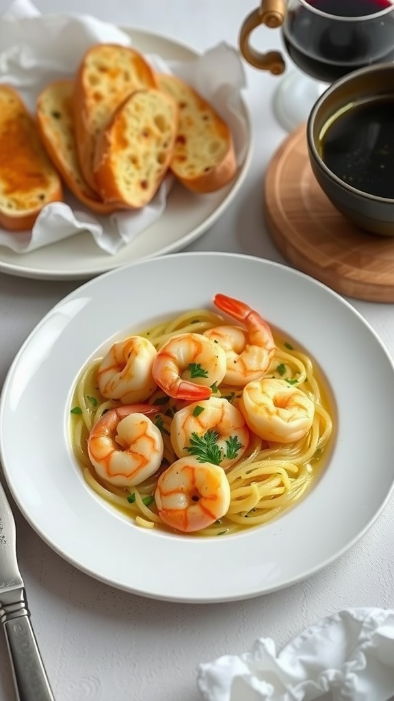 A plate of shrimp scampi with spaghetti and garlic bread on the side.