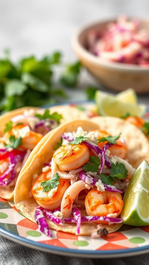 Shrimp tacos with cabbage slaw on a colorful plate