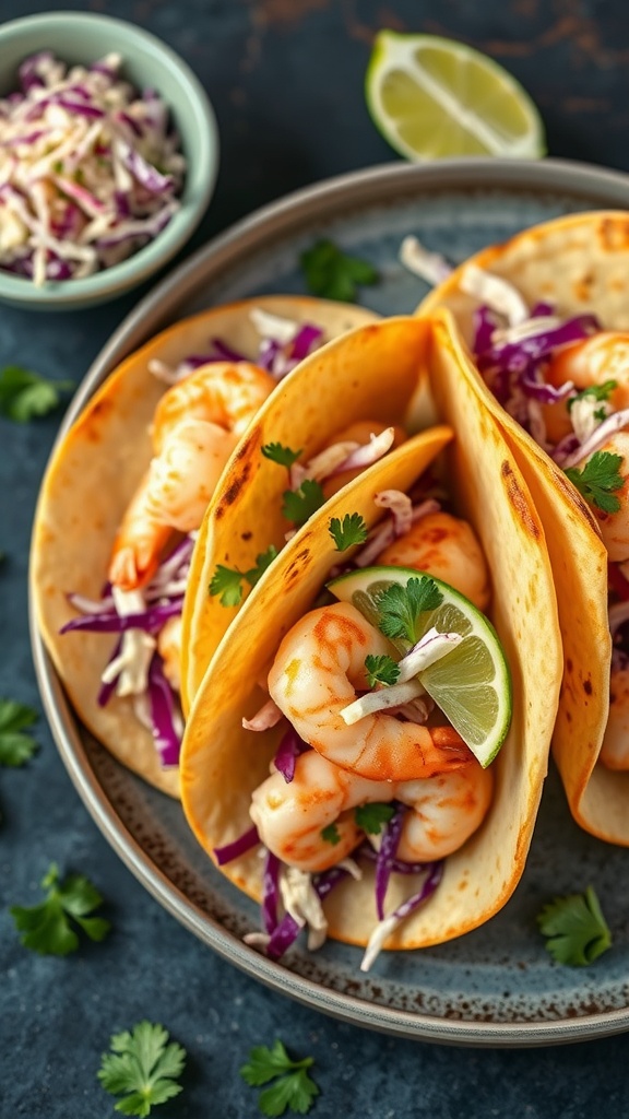 Shrimp tacos with cabbage slaw on a plate garnished with lime and cilantro.