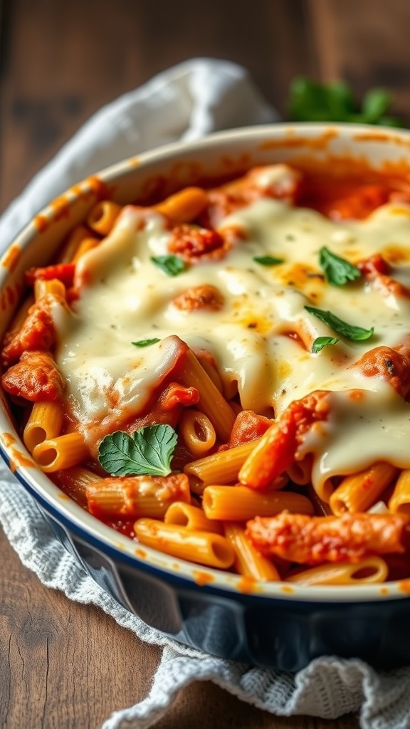 A delicious serving of baked ziti with cheese and herbs