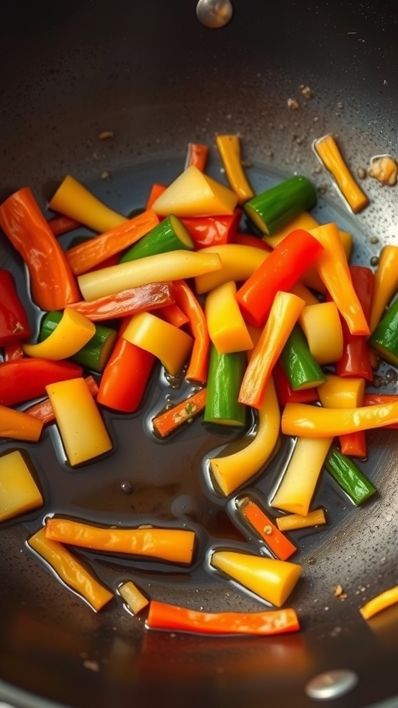A colorful assortment of sliced vegetables being stir-fried in a pan.
