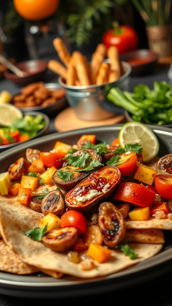 A colorful plate of sizzling fajitas with fresh vegetables and tortillas, perfect for a romantic dinner.