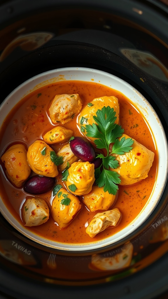 A bowl of slow cooker chicken curry with tender chicken pieces and a rich, creamy sauce.