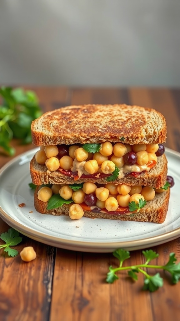 Smashed chickpea salad sandwich stacked on a plate with fresh herbs