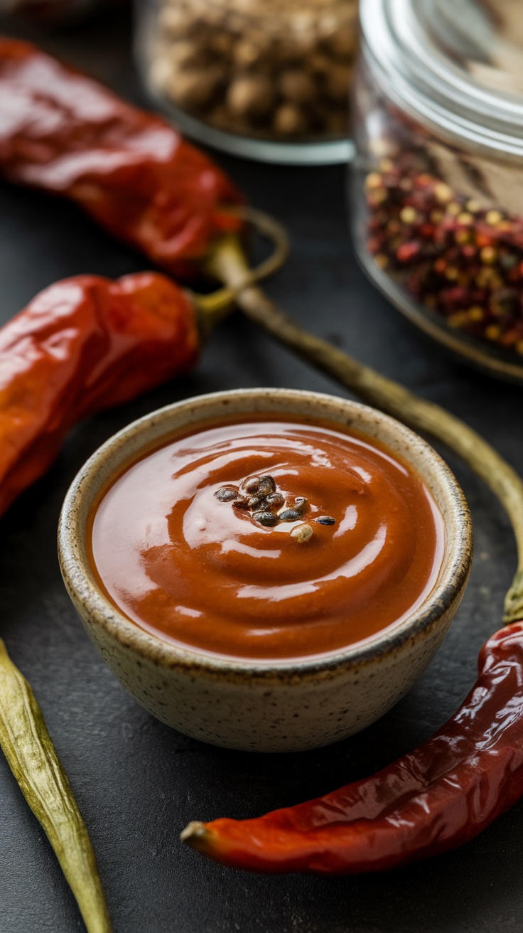 A bowl of smoky chipotle sauce surrounded by dried peppers and spices