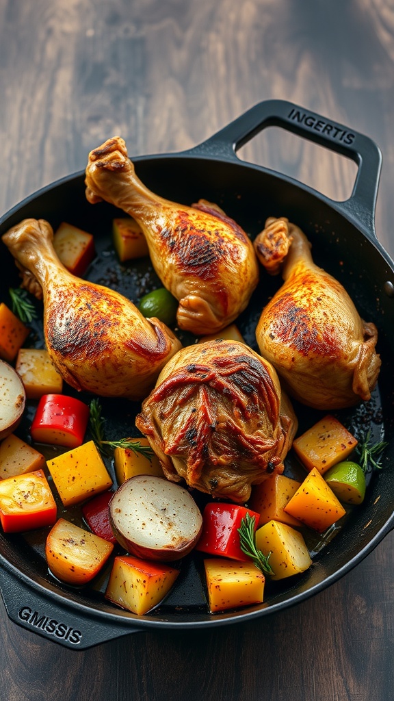 A dish of smoky paprika and cumin chicken legs with colorful roasted vegetables.