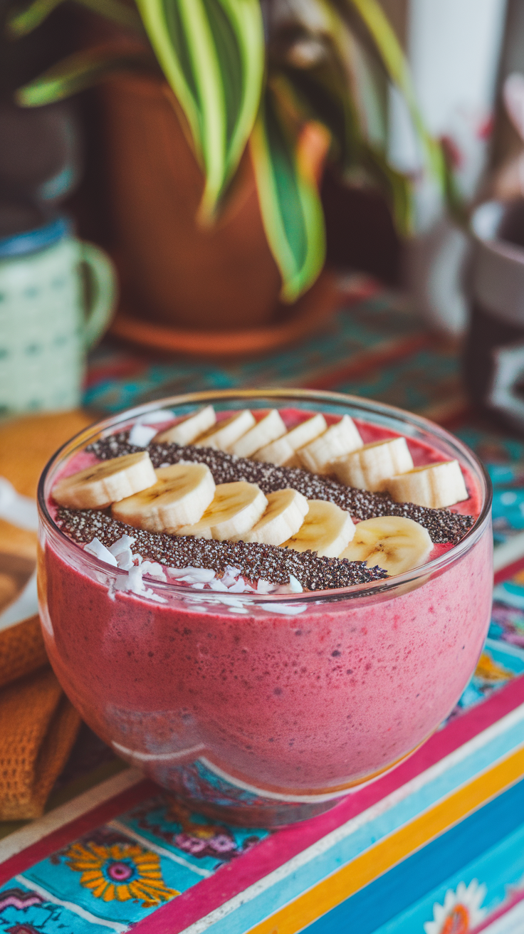 A vibrant smoothie bowl topped with banana slices, chia seeds, and coconut flakes