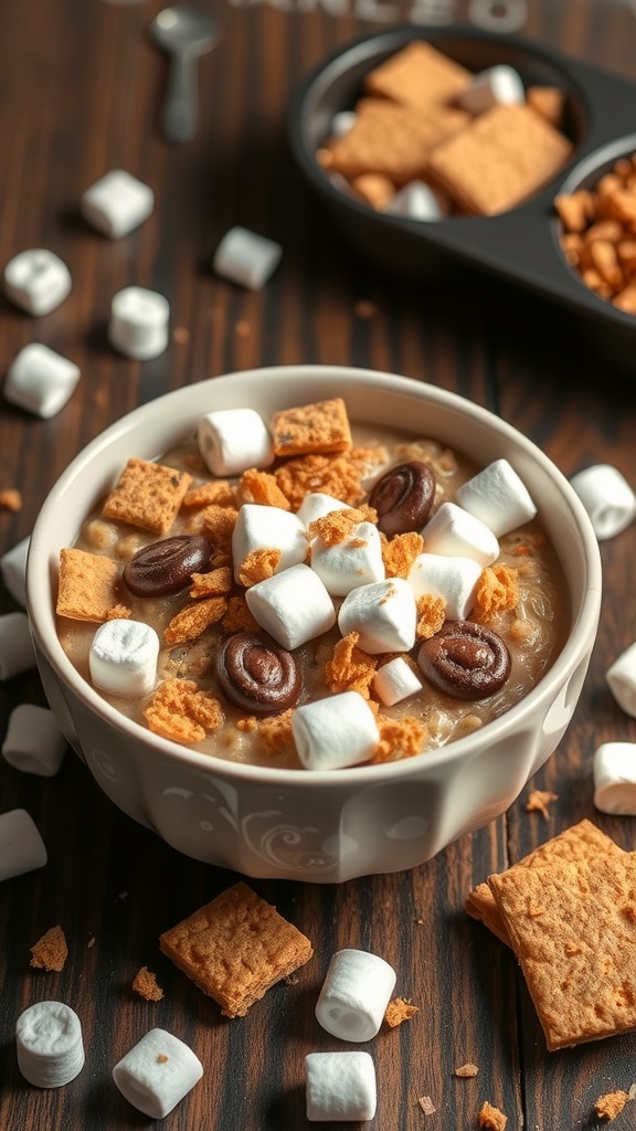A bowl of s'mores oatmeal topped with marshmallows, chocolate, and graham crackers.