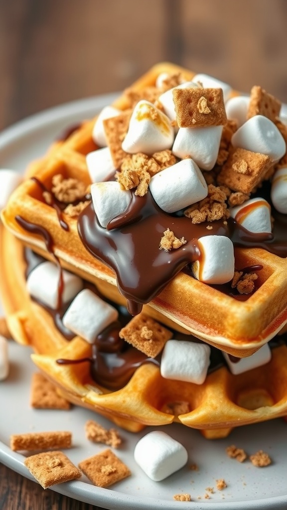 Delicious S'mores Waffles topped with mini marshmallows and chocolate sauce