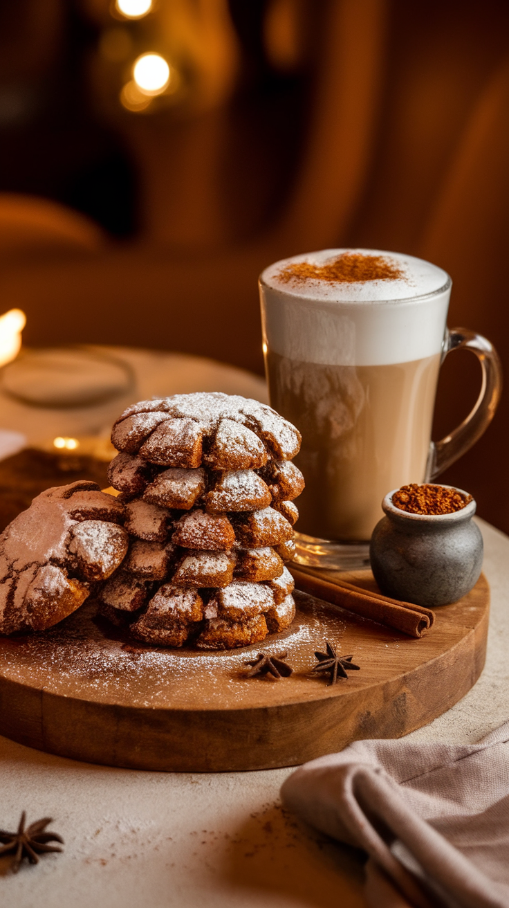 A stack of soft and chewy chai spice cookies with a cup of latte on a wooden board.