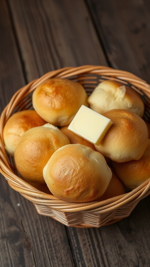 Basket of soft dinner rolls with a pat of butter on top.