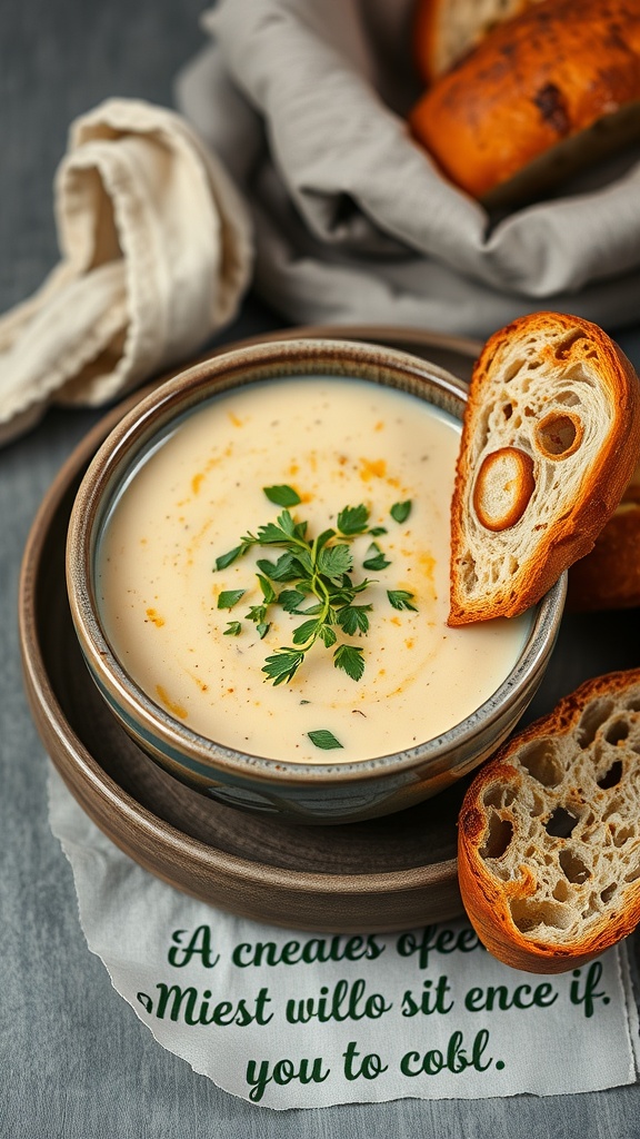 Creamy root soup served with bread