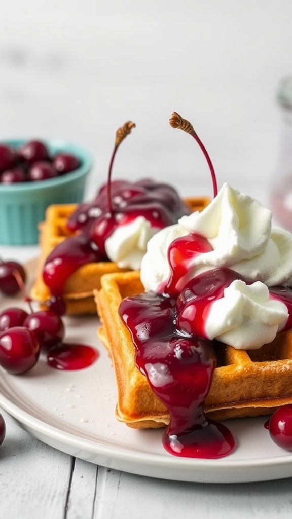 Delicious sour cherry waffles topped with whipped cream and cherry sauce.