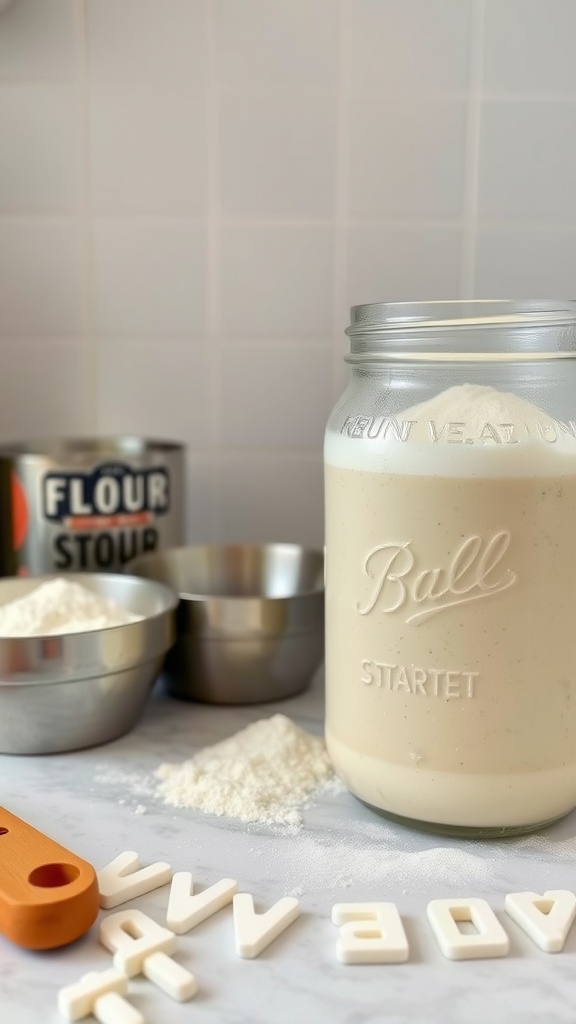 A jar of sourdough starter with flour and other baking ingredients.