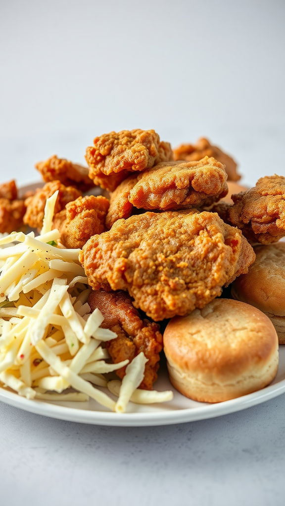 A plate of Southern fried chicken served with biscuits and coleslaw