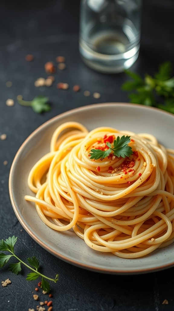 Plate of spaghetti aglio e olio garnished with parsley and red pepper flakes