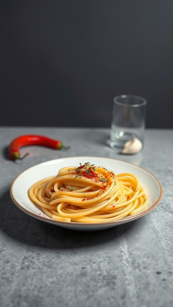 A plate of spaghetti aglio e olio topped with red pepper flakes and parsley.