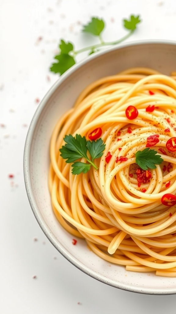 A delicious serving of Spaghetti Aglio e Olio topped with red pepper flakes and parsley.