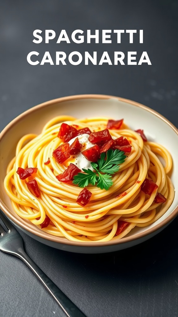 Spaghetti Carbonara served with crispy pancetta